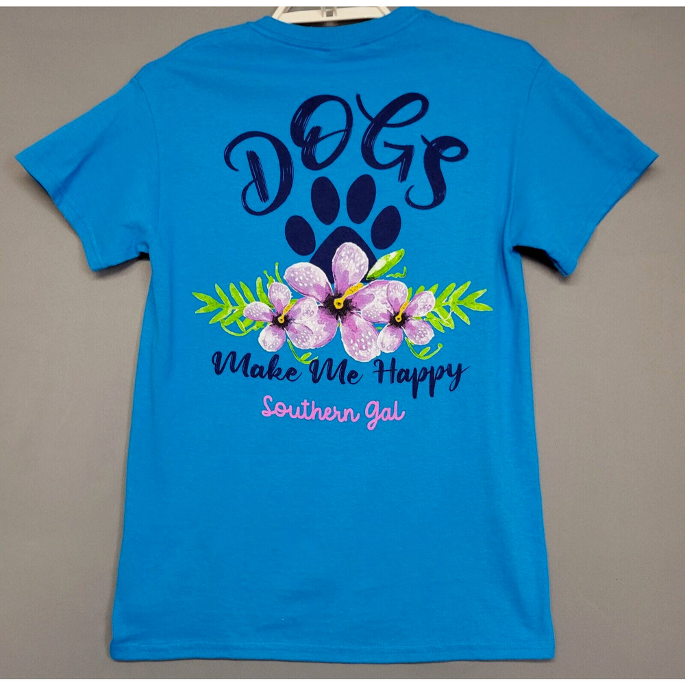 Southern Gal Graphic Dogs Make Me Happy T-shirt Womens S Blue 100% Cotton
